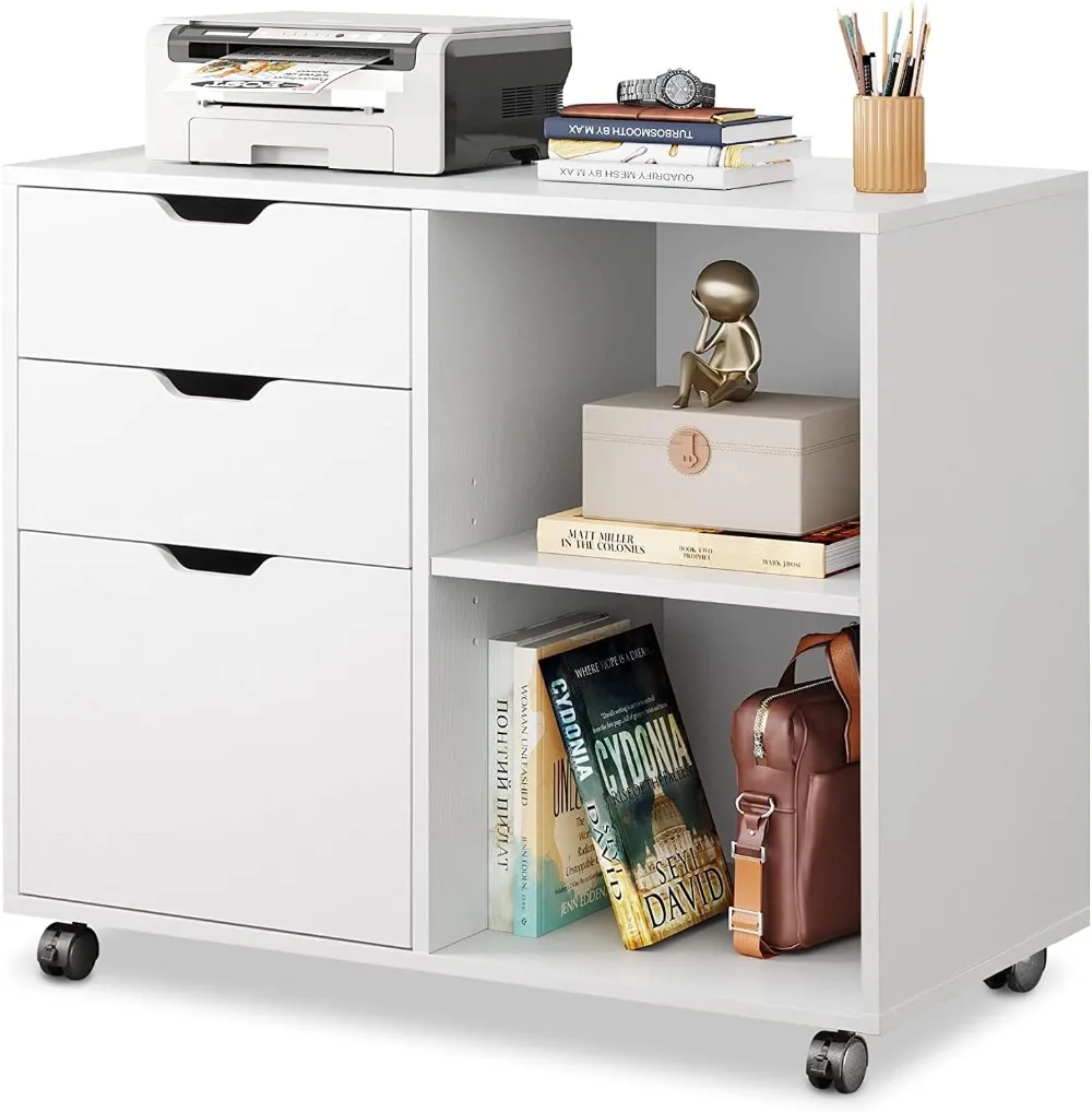 3-Drawer Wood File Cabinet, Mobile Lateral Filing Cabinets, Printer Stand with Open Storage Shelves for Home Office