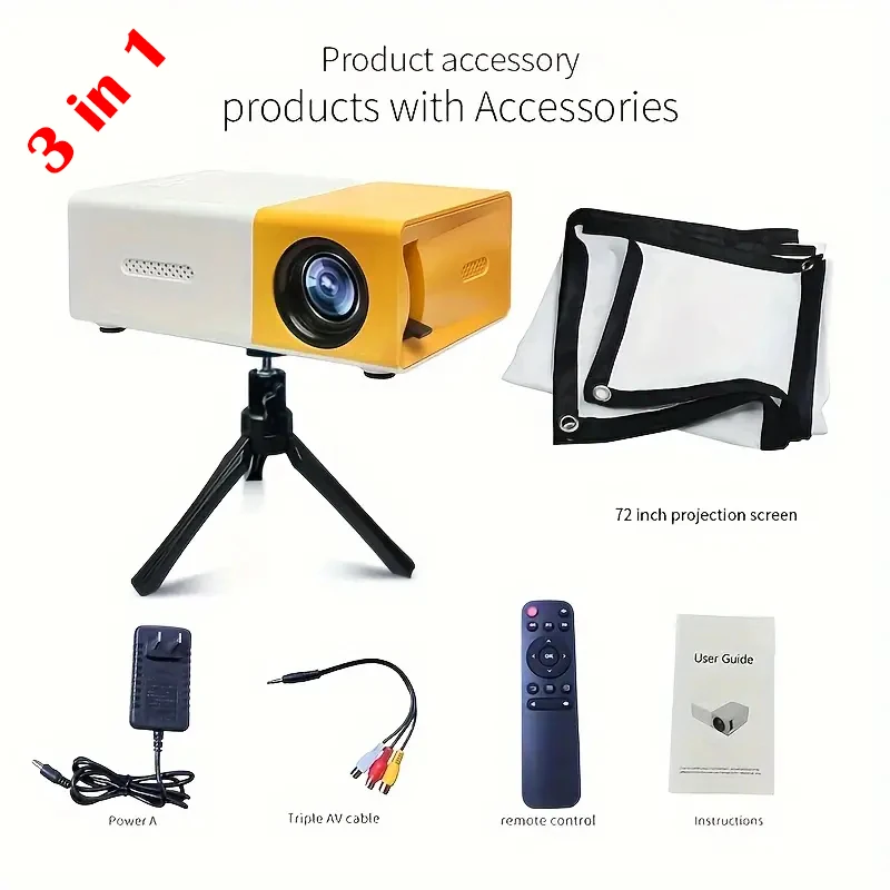 3 in 1 Mini LED Projector Equip 72 Inch Screen and Bracket 320x240P Audio Home Media Player Beamer Outdoor HD Portable Projector