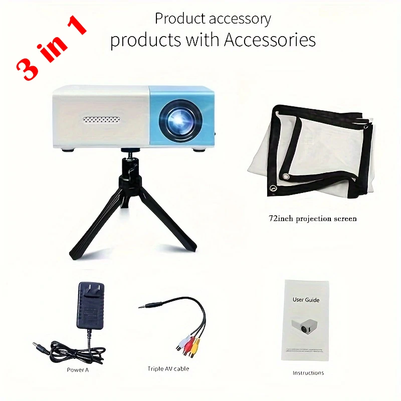 Mini HD Led Projector Equip 72Inch Screen and Bracket Hdmi TF Usb Audio Home Media Player Beamer Travel Smart Portable Projector